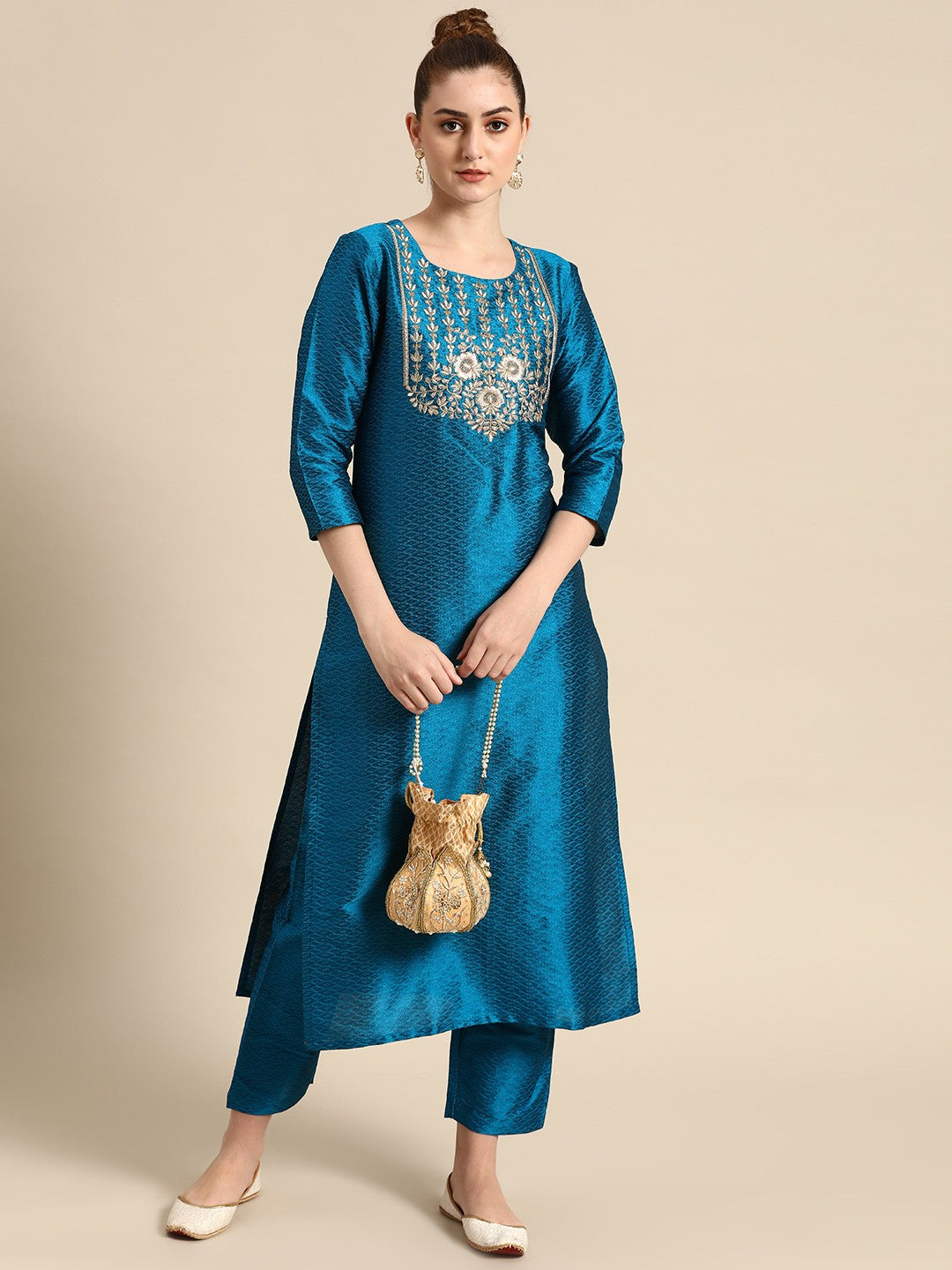 Women Blue & Golden Embroidered Jacquard Kurta with Trousers