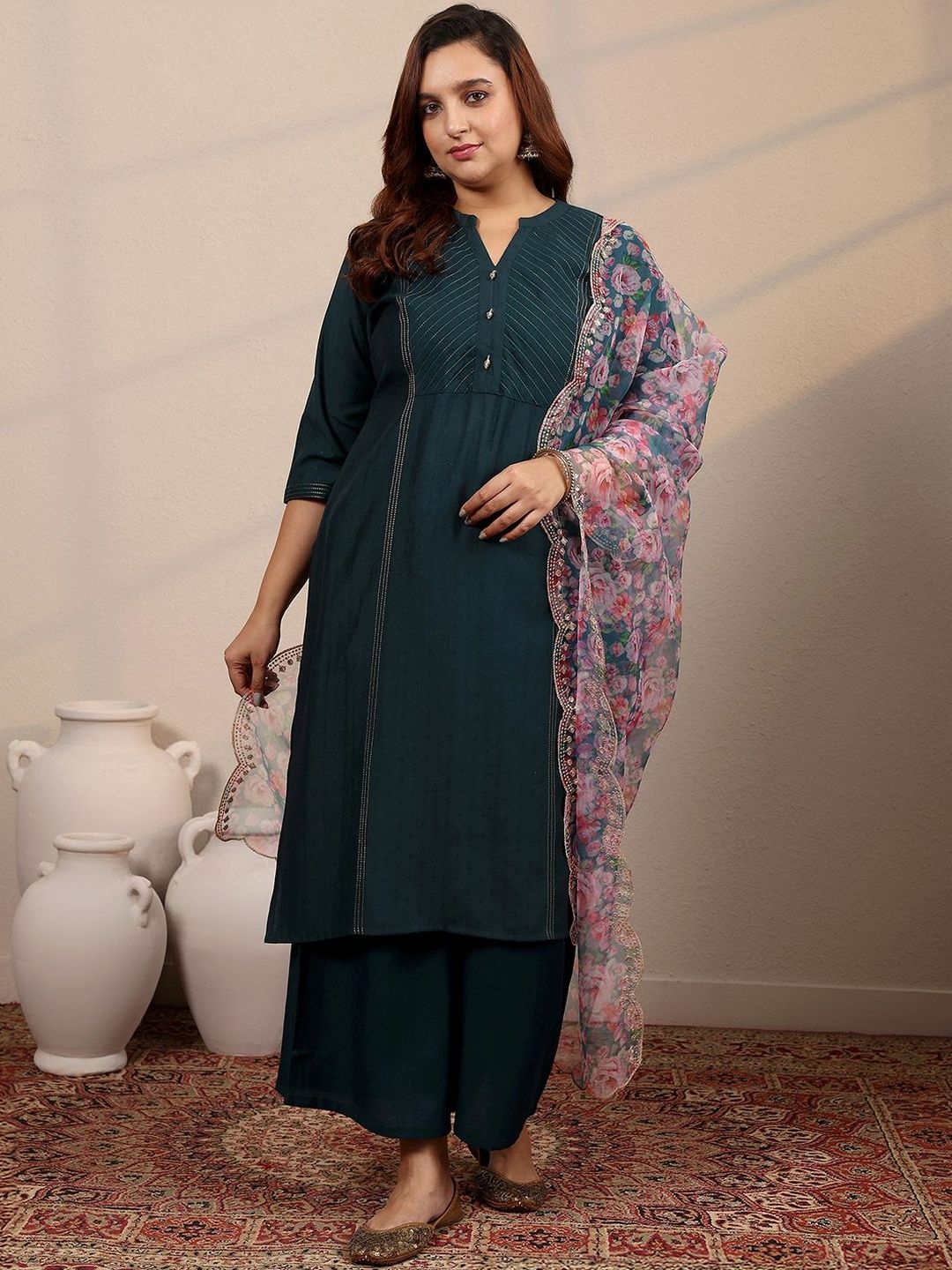 Plus Size Floral Embroidered Kurta with Palazzos & With Dupatta