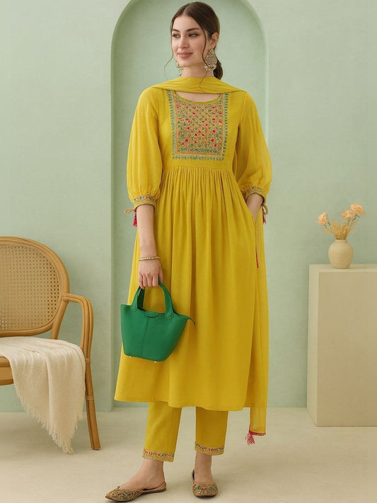 Women Embroidered Regular Kurta with Trousers & With Dupatta