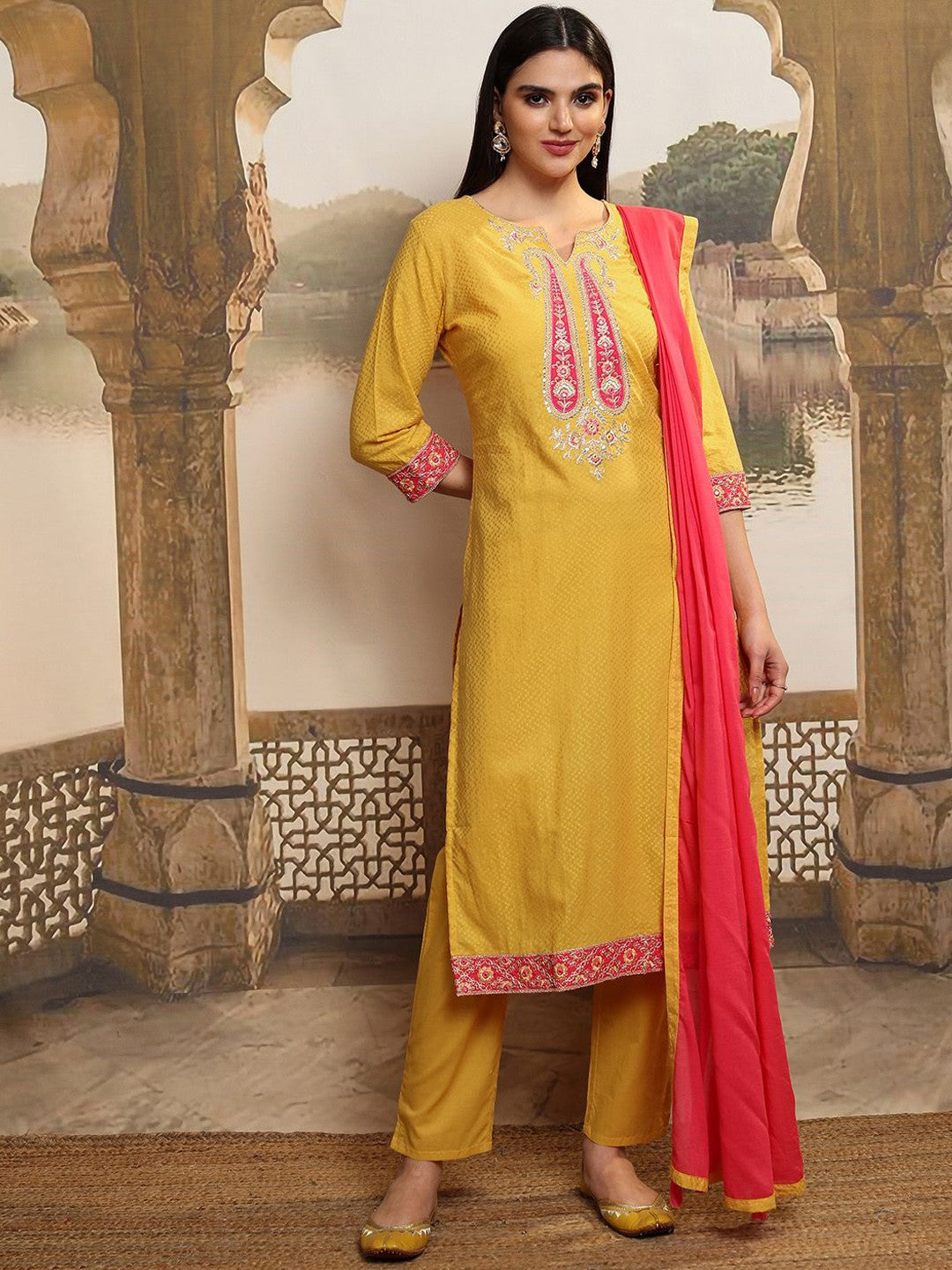 Women Floral Embroidered Regular Pure Cotton Kurta with Trousers & With Dupatta