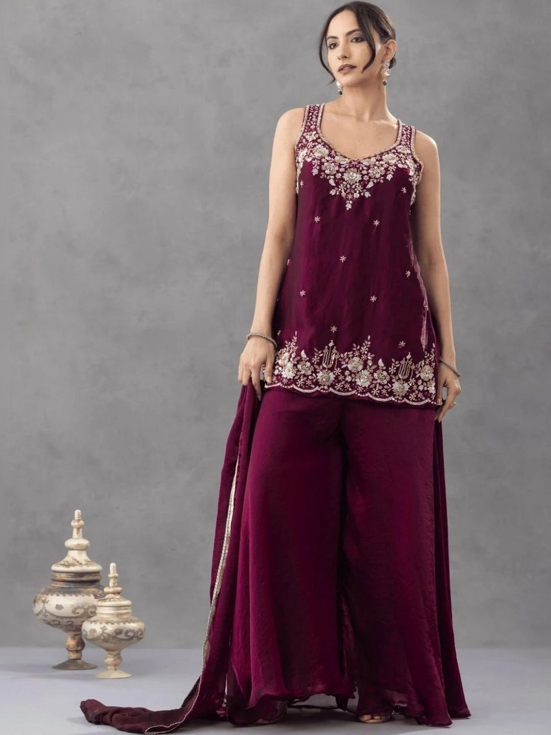 Women Ethnic Motifs Embroidered Regular Thread Work Kurta with Palazzos & With Dupatta