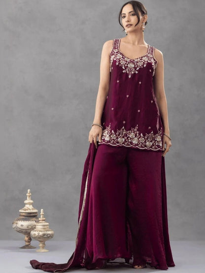 Women Ethnic Motifs Embroidered Regular Thread Work Kurta with Palazzos & With Dupatta