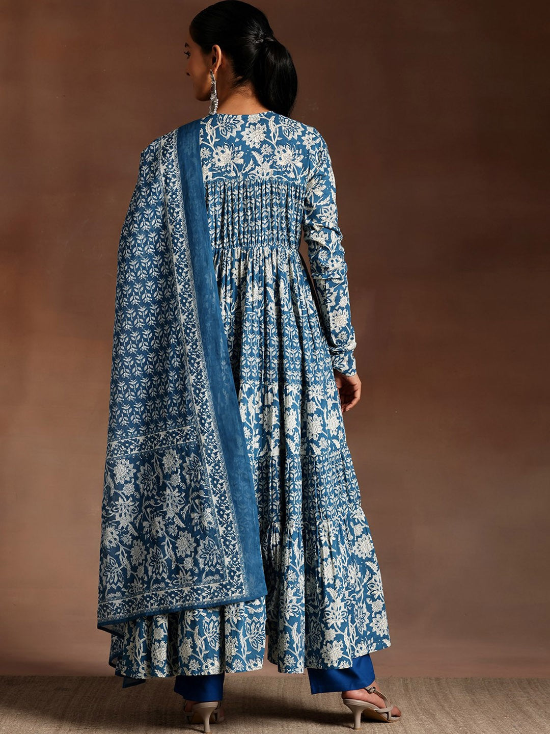 Floral Printed Panelled Pure Cotton Anarkali Kurta with Trousers & With Dupatta