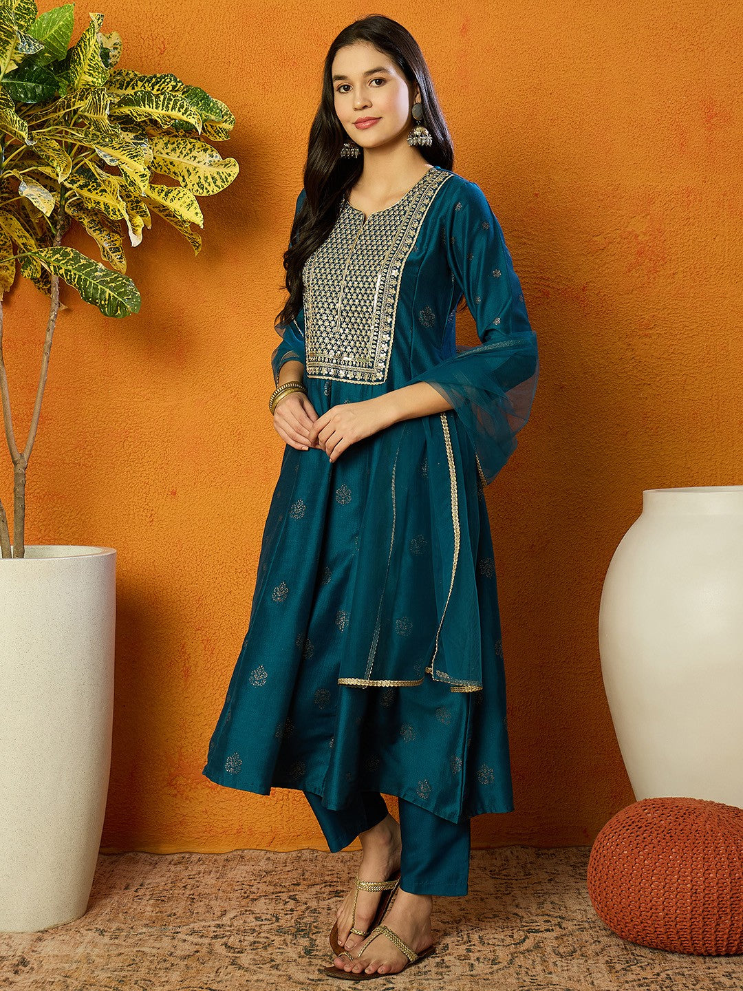 Floral Embroidered Empire Sequinned Kurta with Palazzos & Dupatta