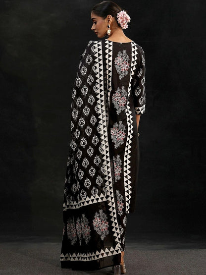 Black Block Print Cotton Straight Suit Set