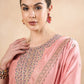 Peach-Coloured Floral Embroidered Regular Sequinned Kurta With Trousers & Dupatta