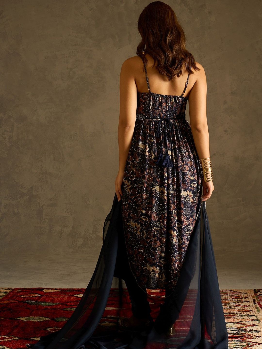 Floral Printed Shoulder Straps Empire A-Line Kurta With Trousers & Dupatta