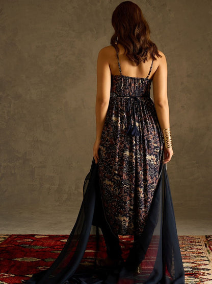 Floral Printed Shoulder Straps Empire A-Line Kurta With Trousers & Dupatta