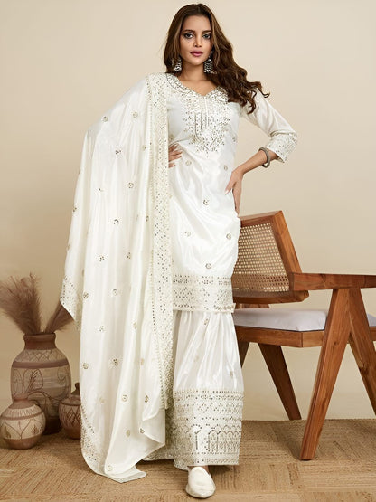 Women Ethnic Motifs Embroidered Silk A-Line Kurta with Sharara & Dupatta
