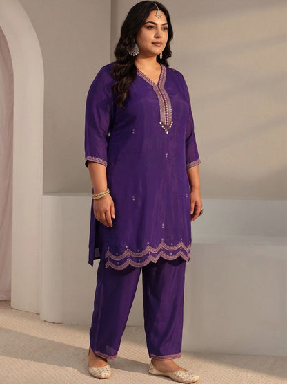 Women Ethnic Motifs Embroidered Regular Sequinned Chanderi Silk Kurta with Trousers &