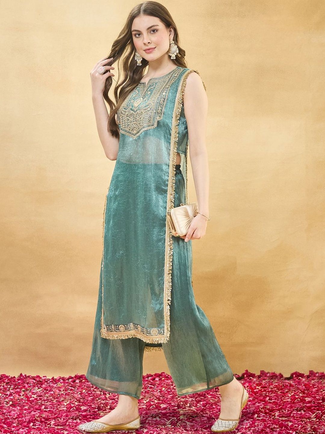 Women Silk Kurta And Spaghetti Blouse With Palazzo Set