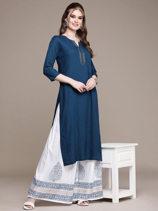 Women Blue Striped Regular Kurta with Palazzos