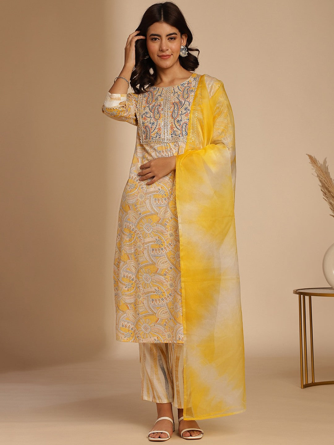 Mustard Yellow Ethnic Motifs Printed Thread Work Kurta with Trousers & Dupatta