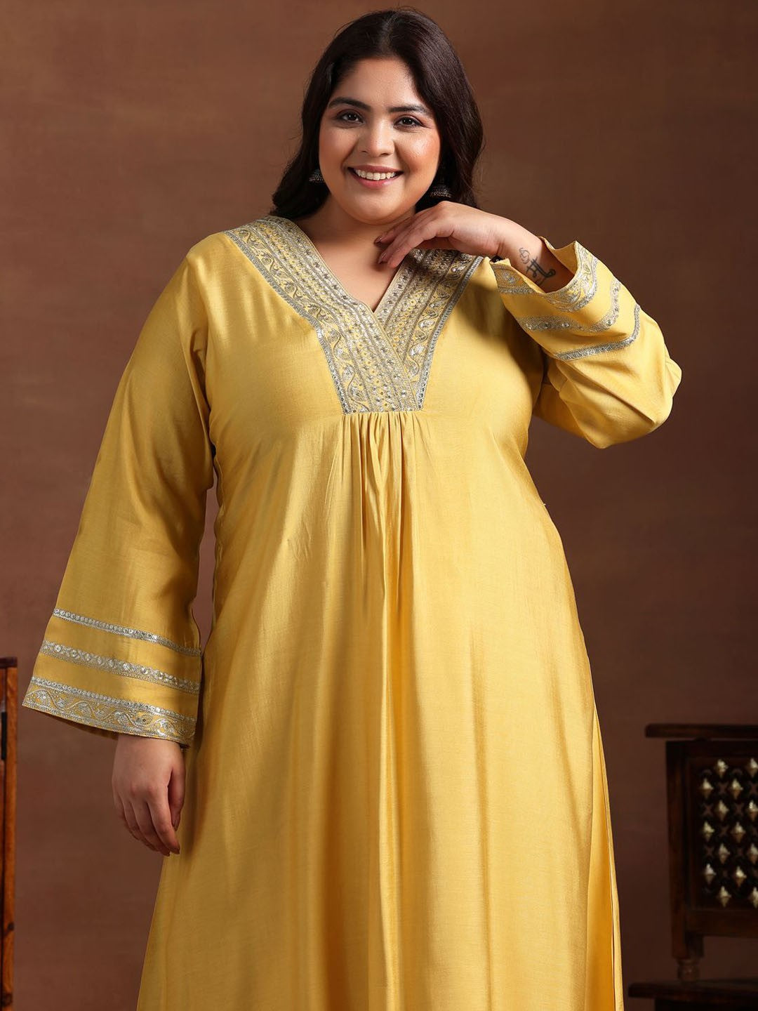 Plus Size Floral Yoke Designed Sequined Kurta with Trousers