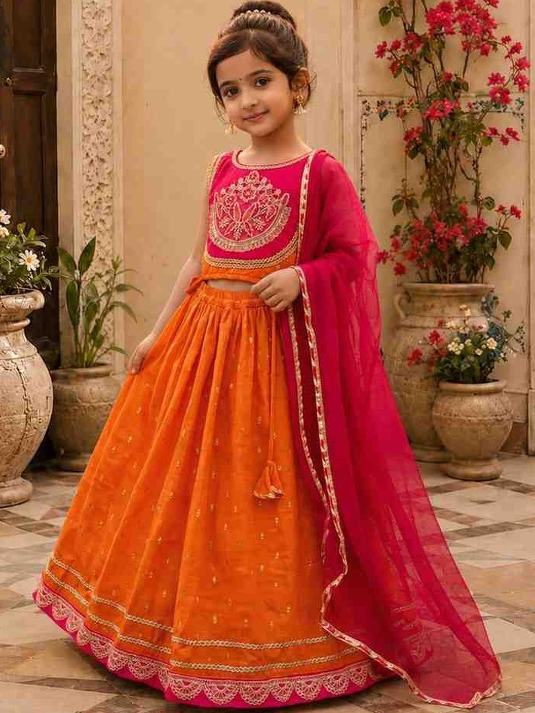 Girls Embroidered Thread Work Ready to Wear Lehenga & Blouse With Dupatta