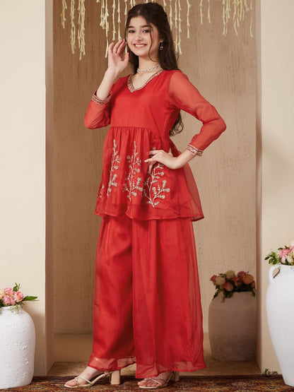 Girls Organza Embroidered Short Kurta and Palazzo Set With Dupatta