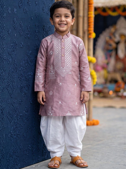 Boys Ethnic Motifs Embroidered Work Raw Silk Kurta with Dhoti Pants