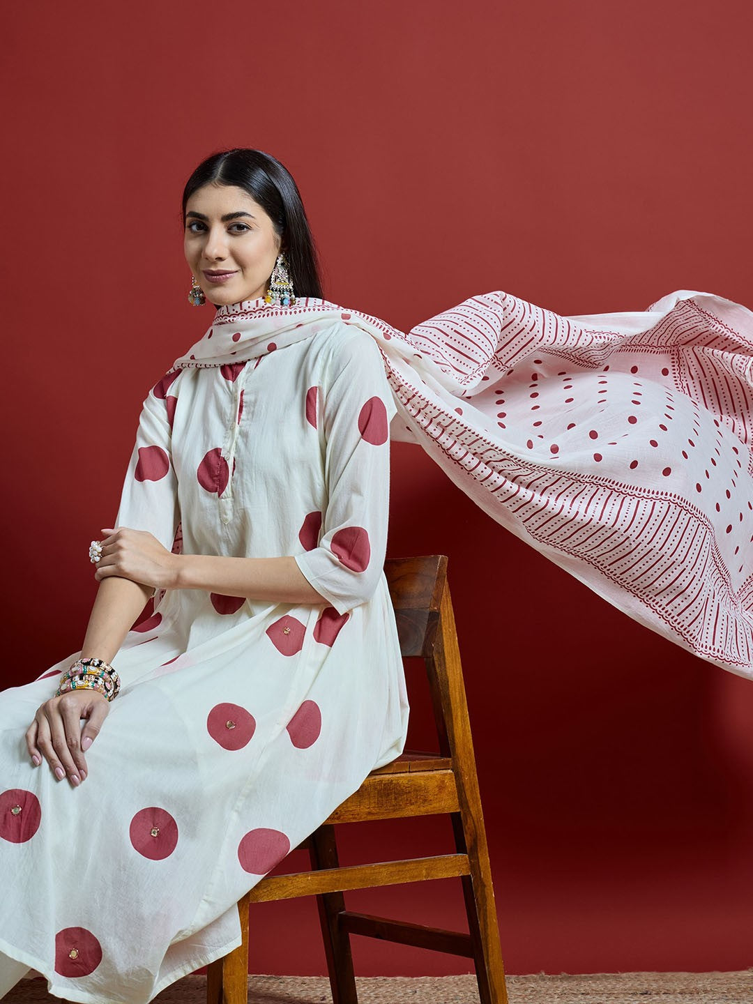 Maroon & Off White Geometric Printed Pure Cotton Kurta with Palazzos & With Dupatta