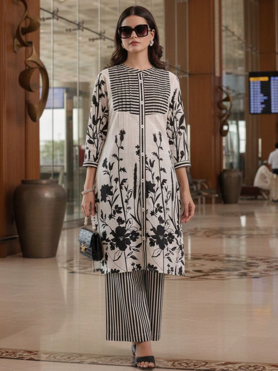 Printed Mandarin Collar Neck Tunic With Trousers Co-Ords