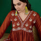 Rust Embroidered High Slit A-Line Kurta With Trouser