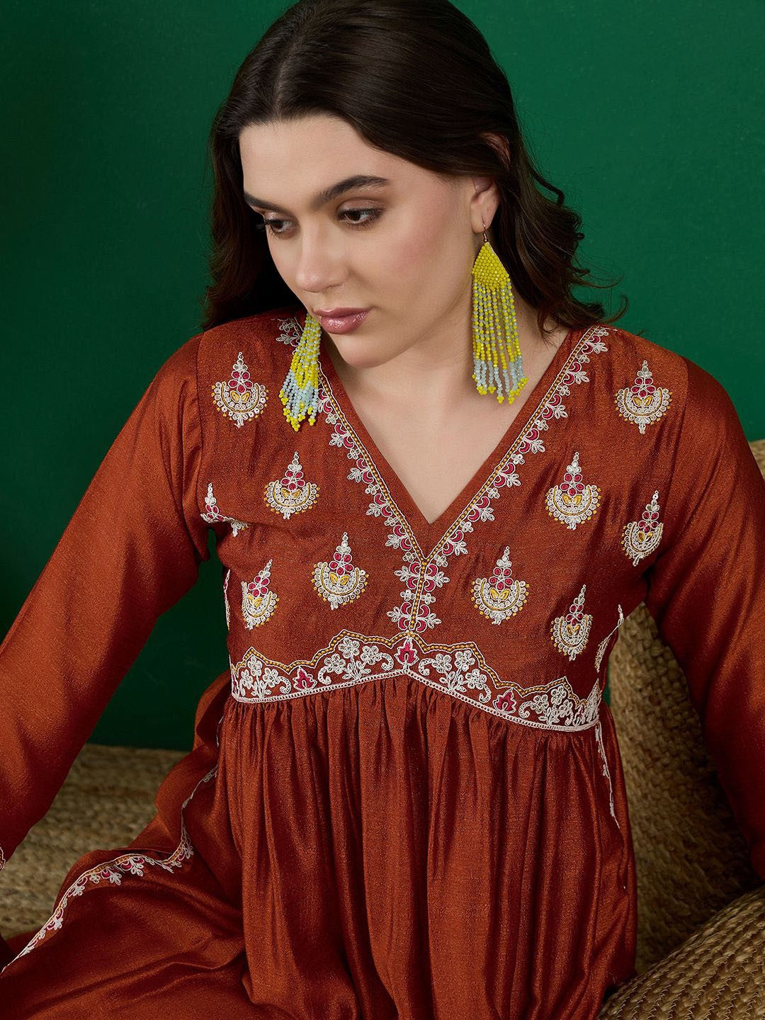 Rust Embroidered High Slit A-Line Kurta With Trouser