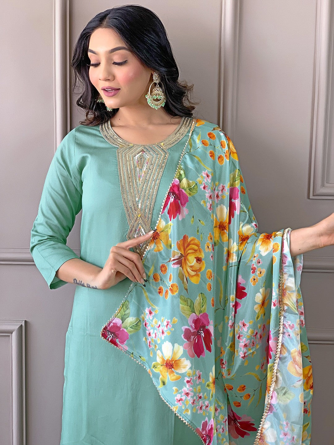 Floral Yoke Design Round Neck Sequinned Straight Kurta with Trousers & With Dupatta