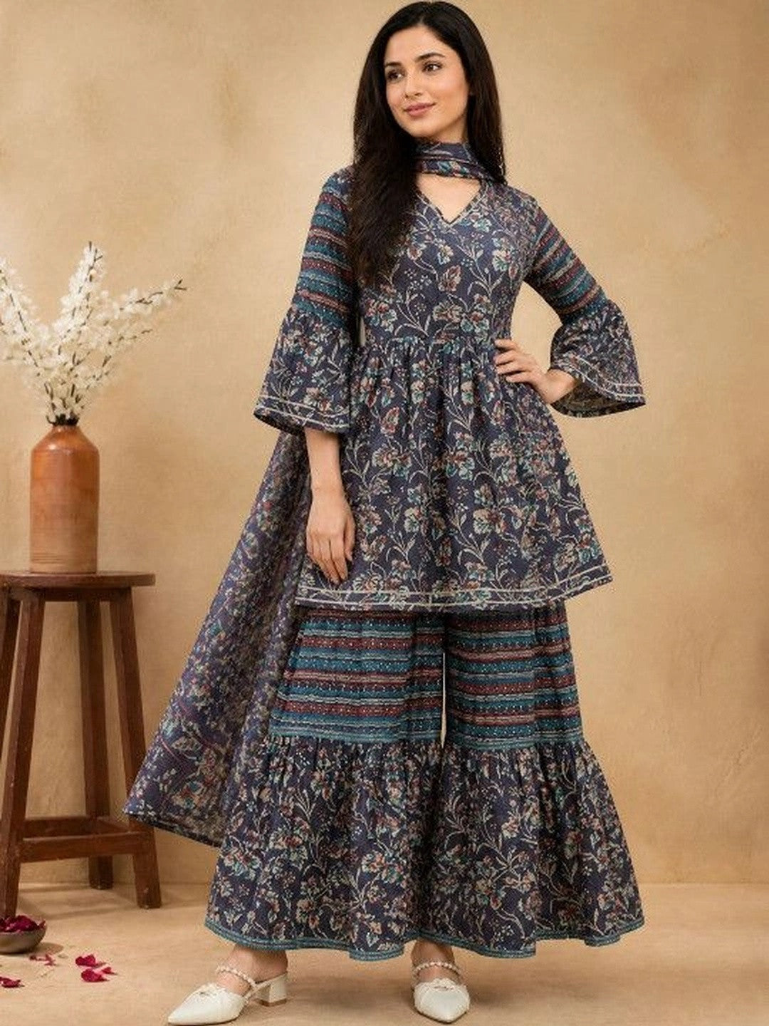 Women Floral Printed Empire Kurta with Sharara & With Dupatta