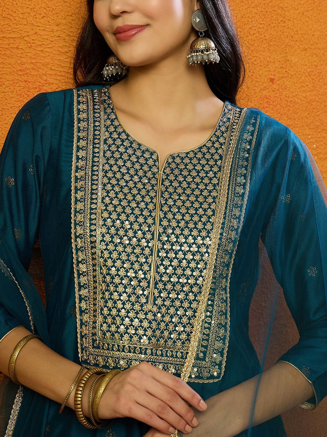 Floral Embroidered Empire Sequinned Kurta with Palazzos & Dupatta