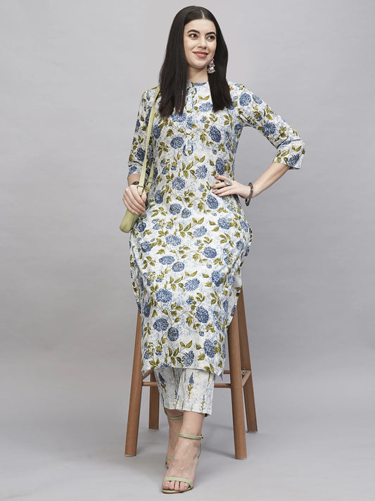 Women Floral Cotton Blend Kurta Pant Set