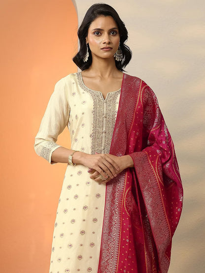 Woven Design Silk Blend Straight Kurta With Trouser and Dupatta