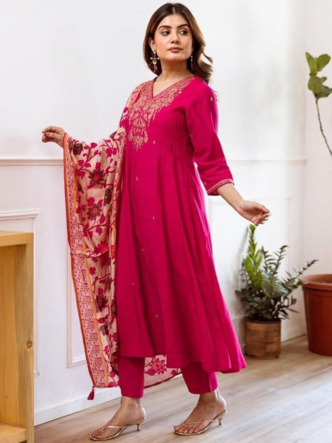Women Silk Embroidered Kurta and Pant Set with Dupatta