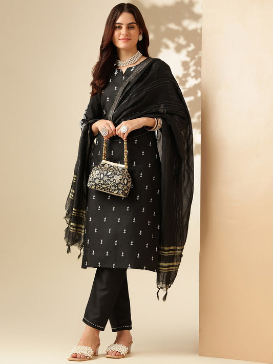 Black Ethnic Motifs Embroidered Thread Work Straight Kurta & Trouser With Dupatta