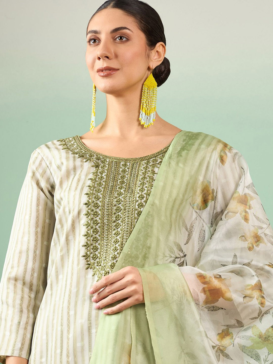 Green Striped Beads & Stones Organza Straight Kurta & Palazzos With Dupatta