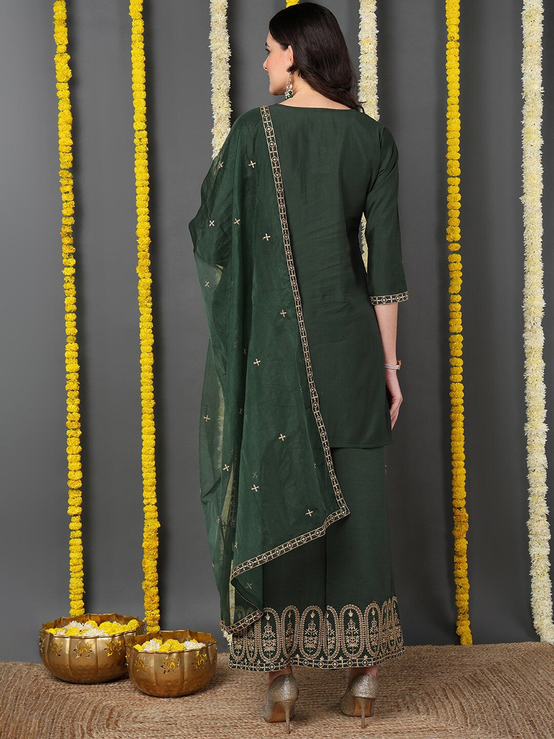 Embroidered Regular Kurta With Palazzos & Dupatta