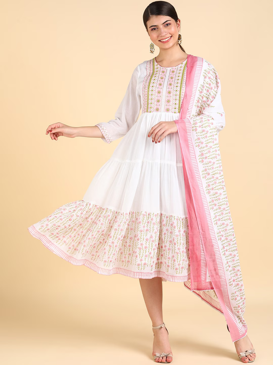 Ethnic Motifs Embroidered Fit & Flared Ethnic Dress With Dupatta
