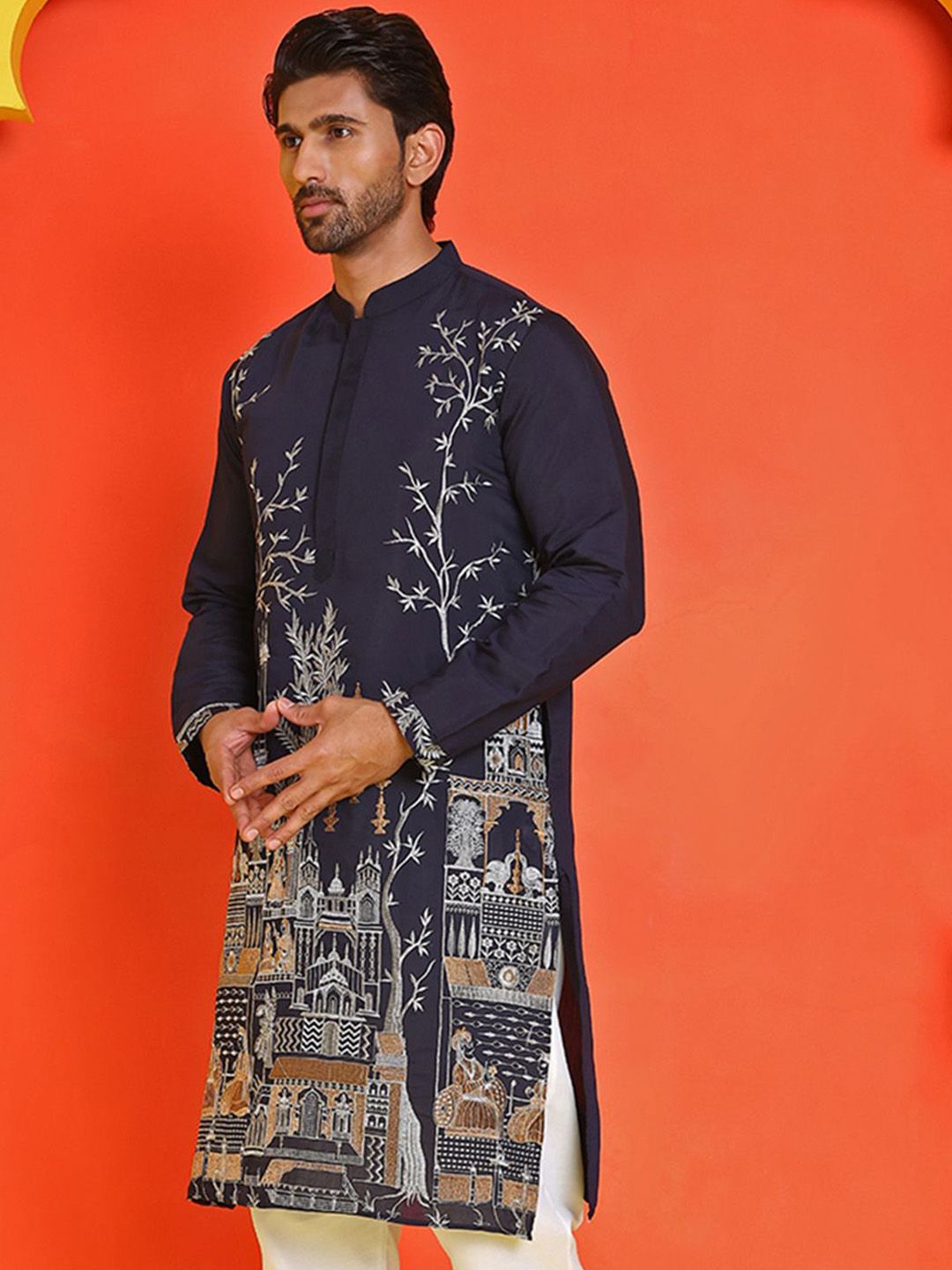 Men Floral Embroidered Thread Work Floral Kurta