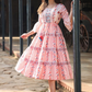 Pink & Blue Floral Printed Cotton Bell Sleeves Tiered Midi Dress