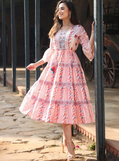 Pink & Blue Floral Printed Cotton Bell Sleeves Tiered Midi Dress