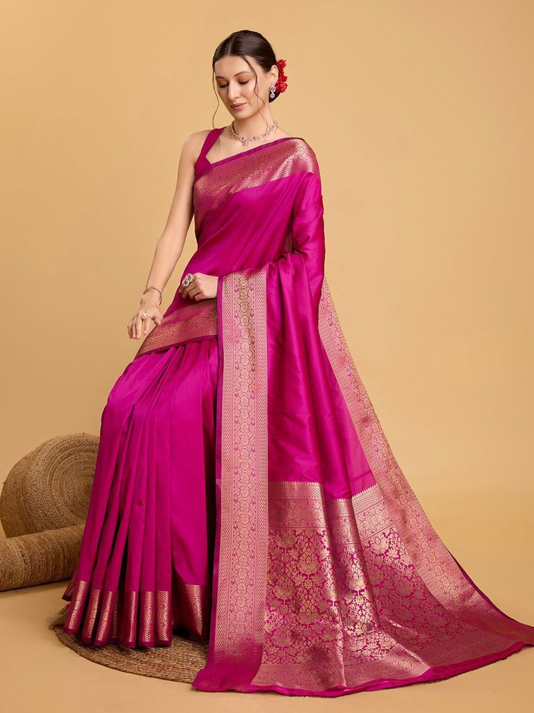 House Of Pataudi Woven Embellished Art Silk Kanjivaram Pink Saree