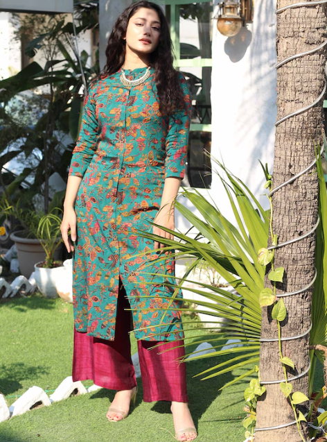 Floral Print Kantha Work Kurta with Palazzos