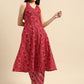 Women Red Printed Anarkali Pure Cotton Kurta with Trousers