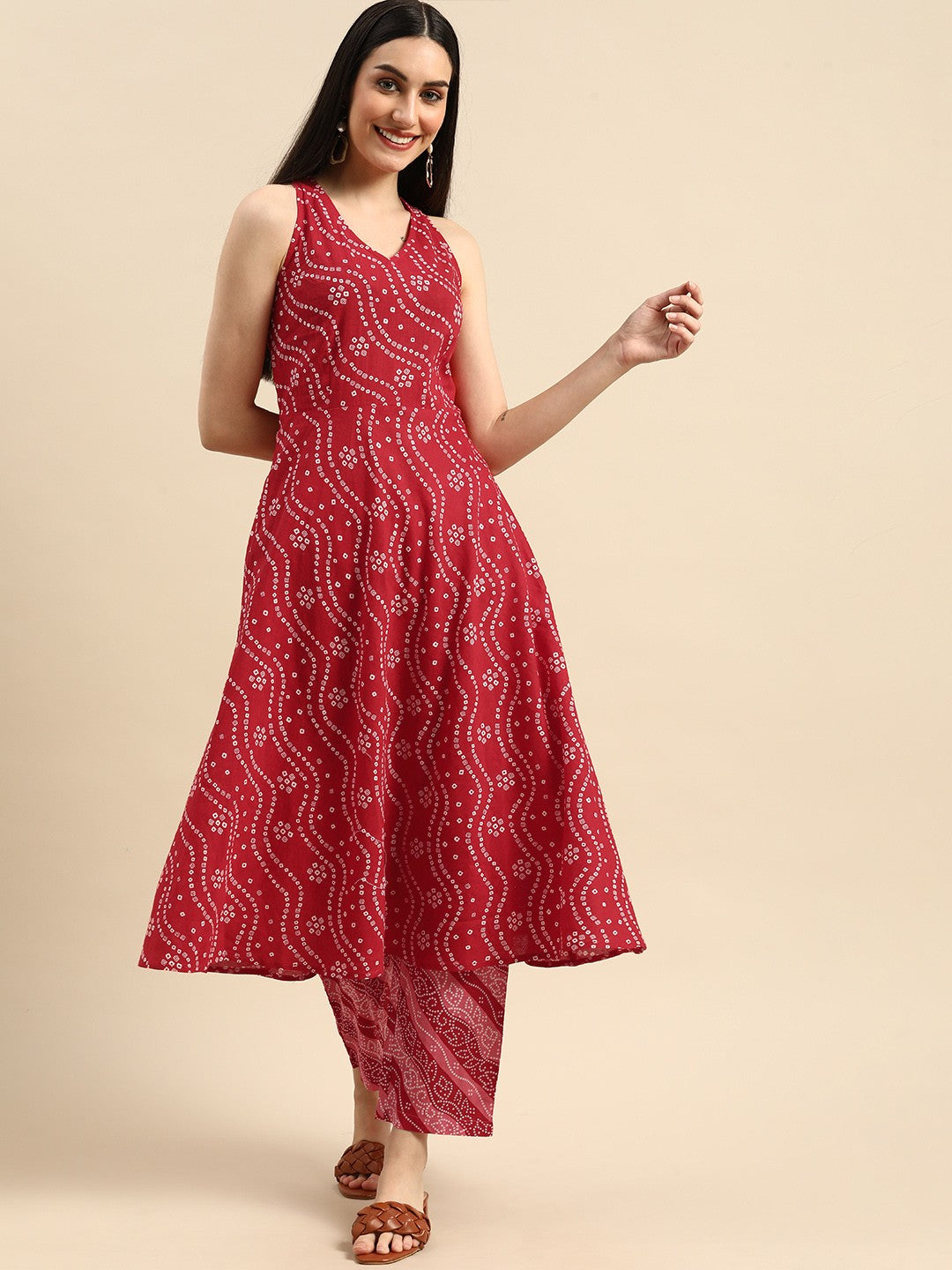 Women Red Printed Anarkali Pure Cotton Kurta with Trousers