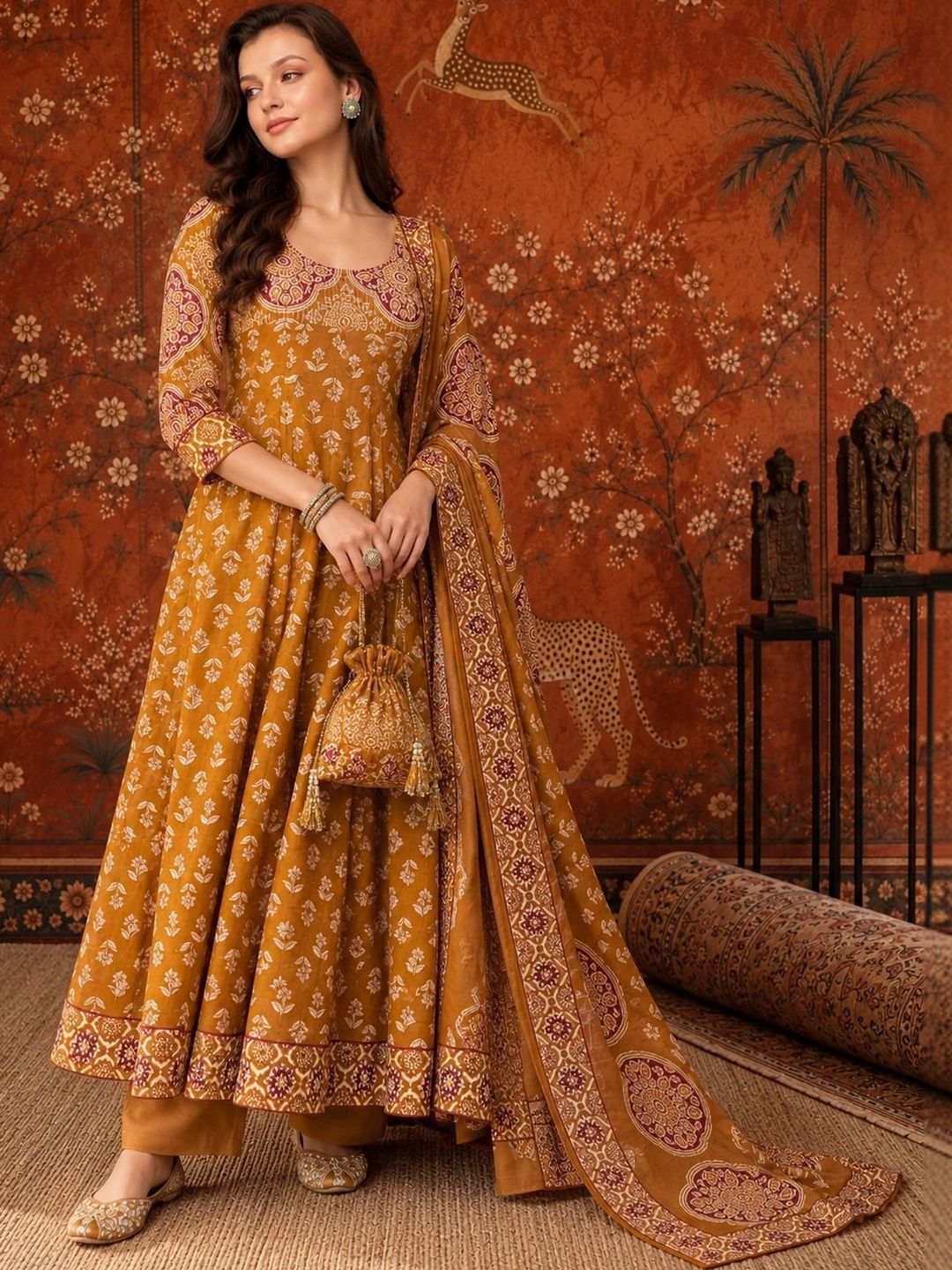 Women Ethnic Motifs Printed Regular Pure Cotton Kurta with Trousers & With Dupatta