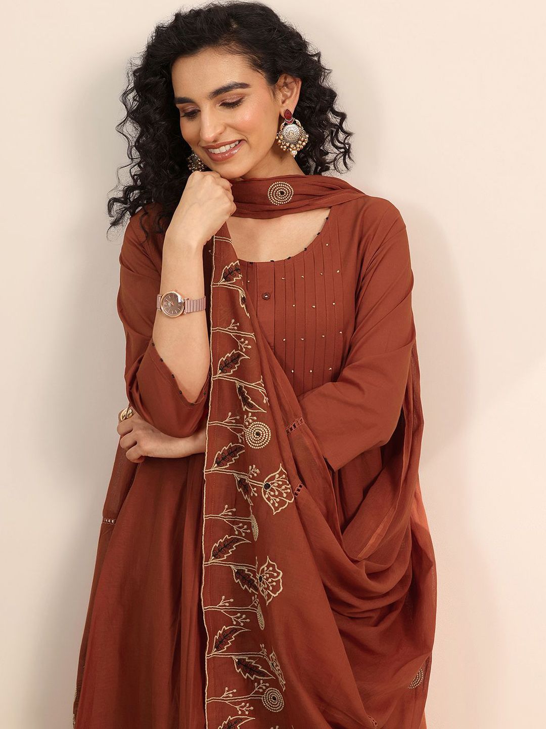 Womens Rust Embroidered Anarkali Kurta With Palazzos & Dupatta