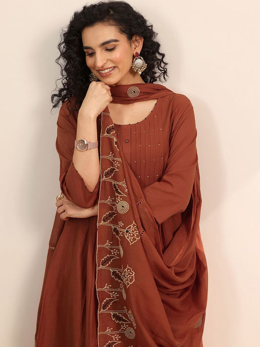 Womens Rust Embroidered Anarkali Kurta With Palazzos & Dupatta