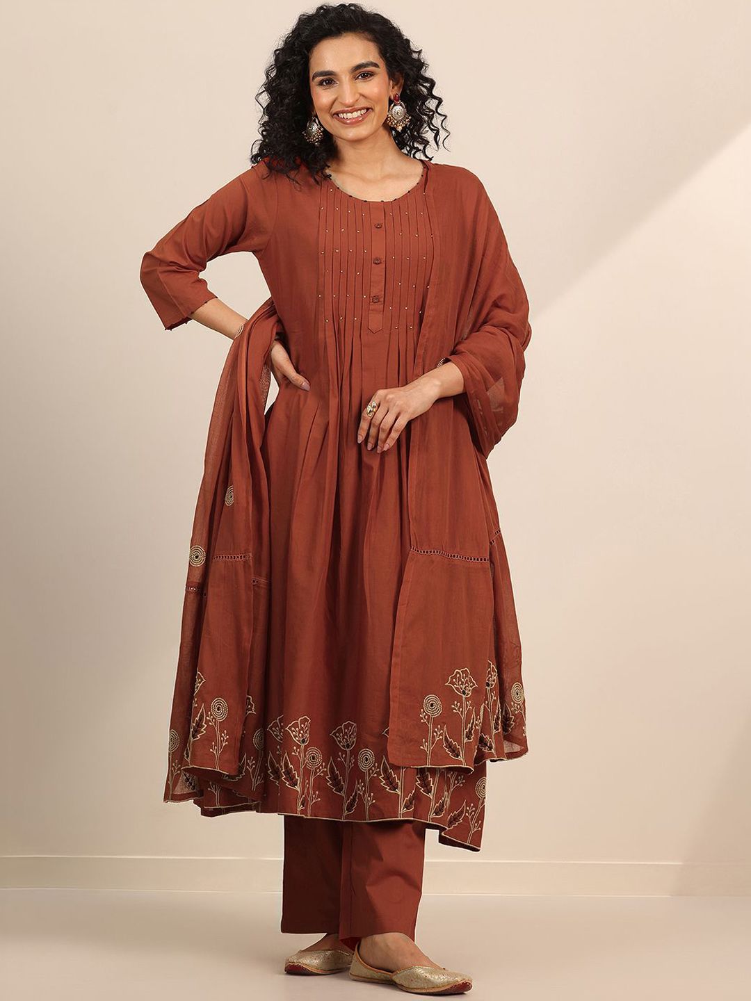 Womens Rust Embroidered Anarkali Kurta With Palazzos & Dupatta