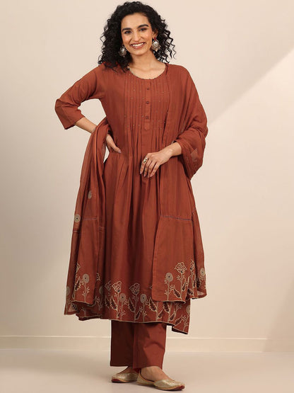 Womens Rust Embroidered Anarkali Kurta With Palazzos & Dupatta