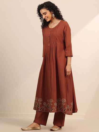 Womens Rust Embroidered Anarkali Kurta With Palazzos & Dupatta