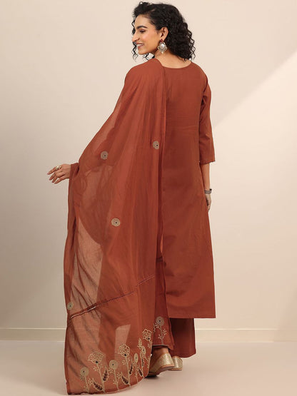Womens Rust Embroidered Anarkali Kurta With Palazzos & Dupatta