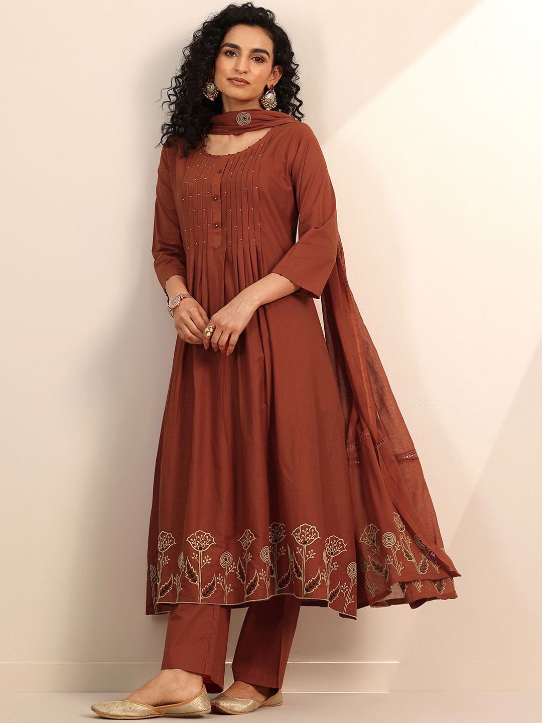 Womens Rust Embroidered Anarkali Kurta With Palazzos & Dupatta